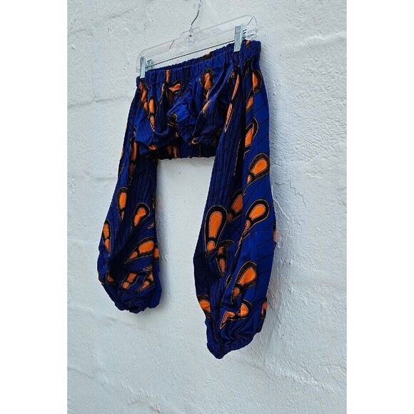 OFUURE African Print Crop Top Womens Size Small Medium Blue Orange Long Sleeves - Picture 2 of 11